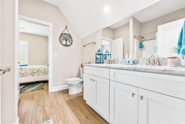 bathroom with hardwood / wood-style floors, vaulted ceiling, toilet, and dual bowl vanity