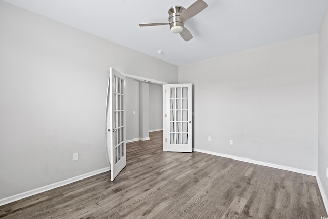 unfurnished bedroom with french doors, hardwood / wood-style flooring, and ceiling fan