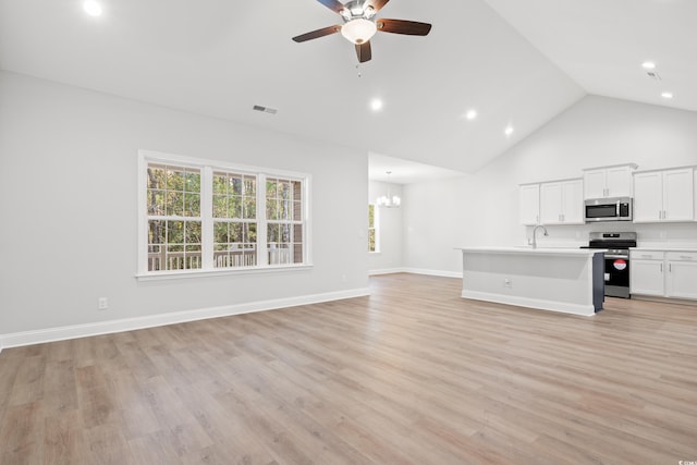 unfurnished living room featuring sink, ceiling fan with notable chandelier, light hardwood / wood-style flooring, and high vaulted ceiling