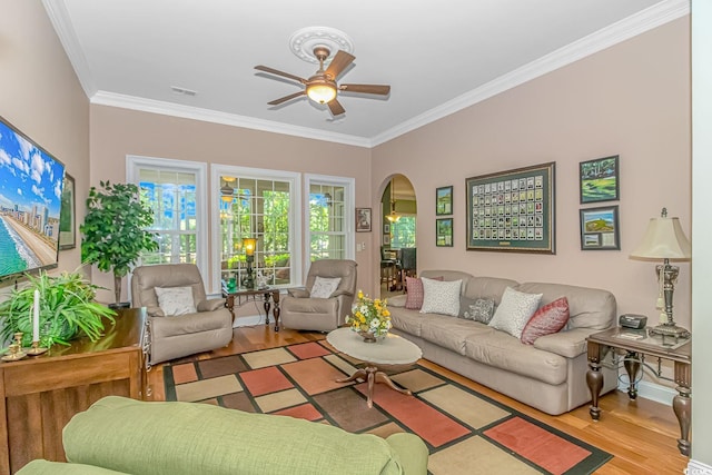 living room featuring ceiling fan, crown molding, and light hardwood / wood-style flooring