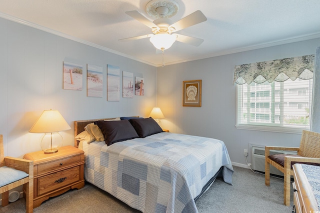 carpeted bedroom featuring ceiling fan and crown molding