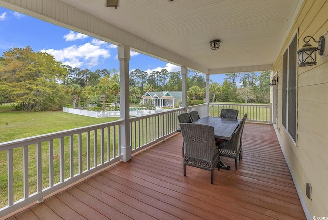 wooden terrace featuring a yard