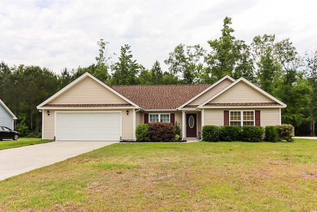 ranch-style home with a front yard and a garage