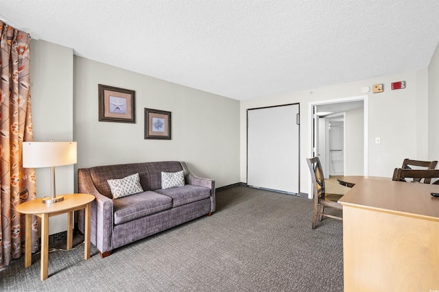 carpeted living room with a textured ceiling