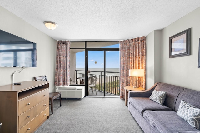 carpeted living room featuring a textured ceiling, a wealth of natural light, and a water view