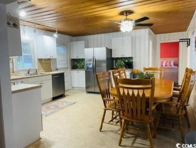 dining area featuring sink, wood ceiling, and ceiling fan