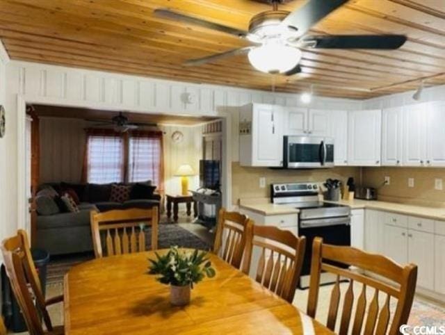 dining room with track lighting, wooden ceiling, and ceiling fan