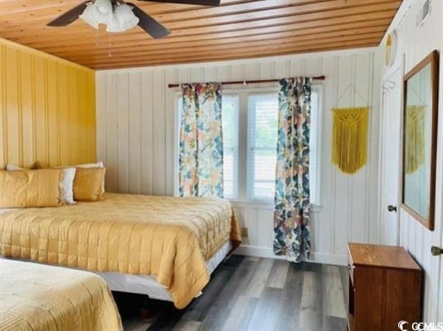 bedroom featuring ceiling fan, wood walls, wooden ceiling, and dark hardwood / wood-style floors