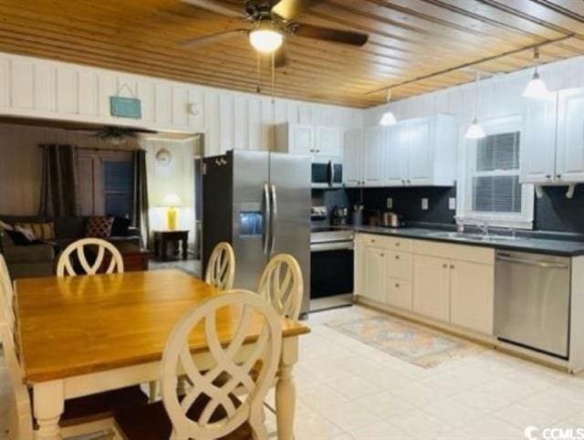 kitchen with stainless steel appliances, wooden ceiling, decorative light fixtures, white cabinetry, and ceiling fan