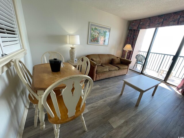 living room featuring plenty of natural light, a textured ceiling, and dark hardwood / wood-style flooring