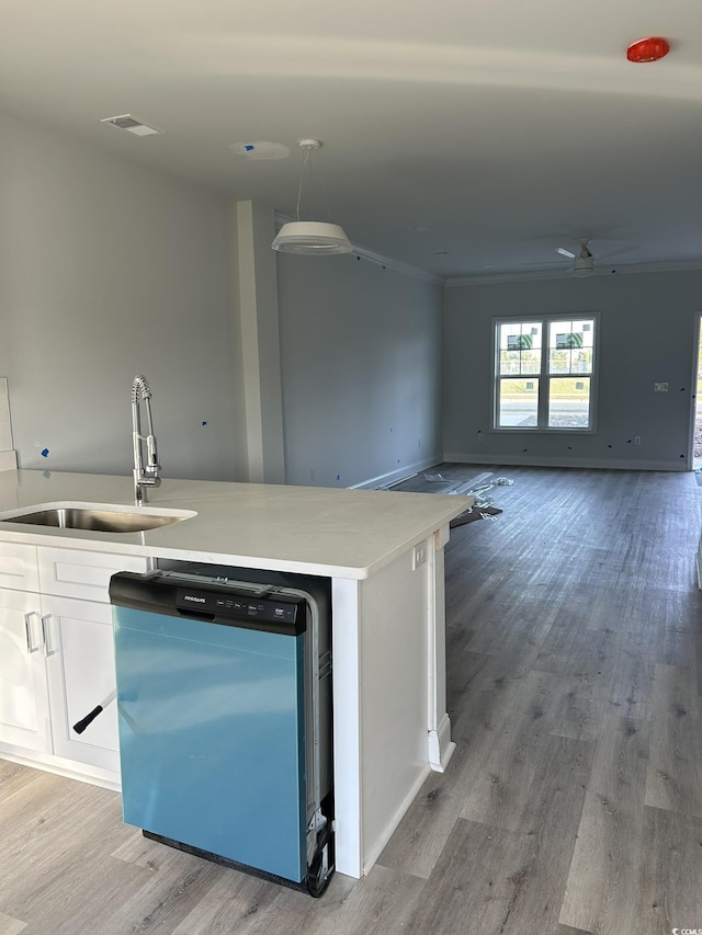 kitchen featuring dishwashing machine, light wood-type flooring, white cabinetry, and sink