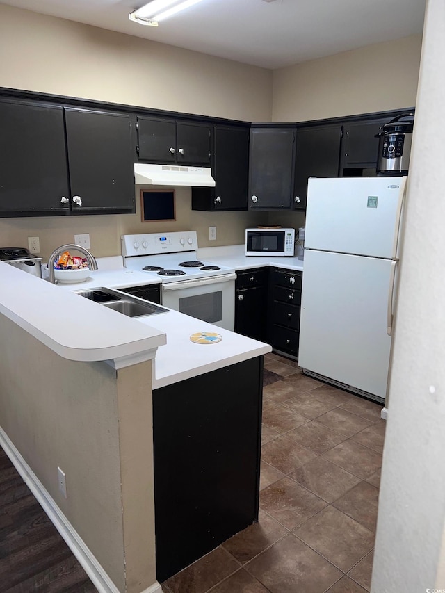 kitchen featuring sink, white appliances, and kitchen peninsula