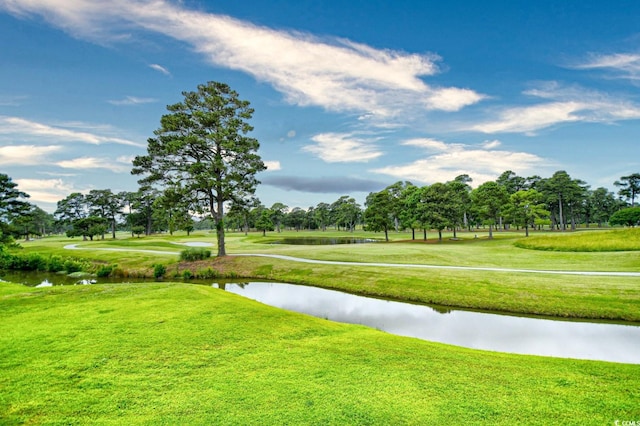 view of nearby features featuring a water view and a lawn