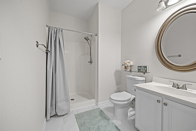 bathroom featuring a shower with curtain, tile flooring, toilet, and vanity