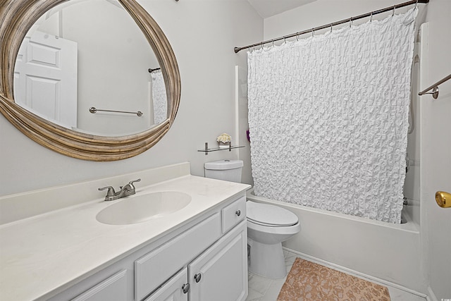 full bathroom featuring tile floors, toilet, oversized vanity, and shower / bathtub combination with curtain