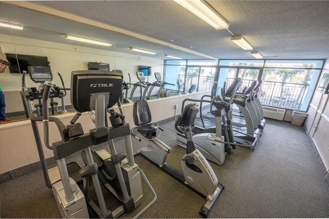 exercise room with a healthy amount of sunlight and a textured ceiling