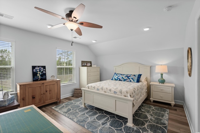 1433 Beaumont Way, Myrtle Beach, SC 29577 - bedroom featuring dark wood-style flooring, vaulted ceiling, baseboards, and ceiling fan
