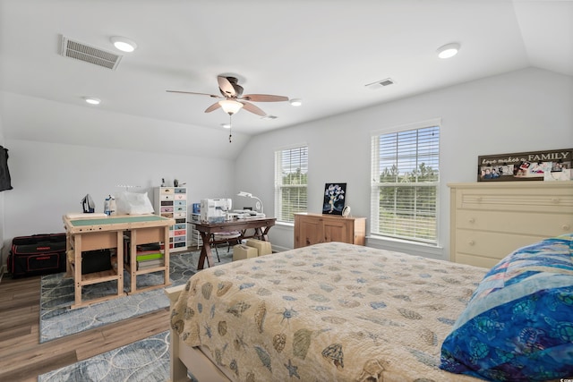 1433 Beaumont Way, Myrtle Beach, SC 29577 - bedroom featuring lofted ceiling, wood finished floors, a ceiling fan, a desk, and recessed lighting