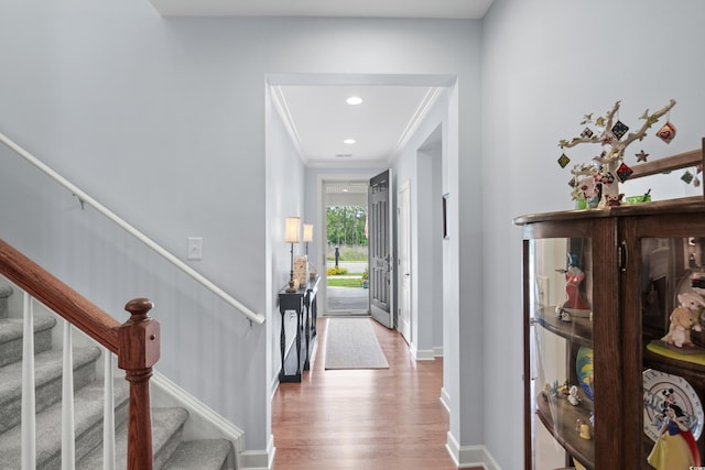 1433 Beaumont Way, Myrtle Beach, SC 29577 - entryway featuring wood finished floors, crown molding, baseboards, stairway, and recessed lighting