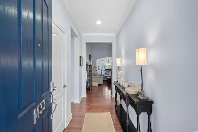 1433 Beaumont Way, Myrtle Beach, SC 29577 - entryway with dark wood finished floors, baseboards, ornamental molding, and recessed lighting