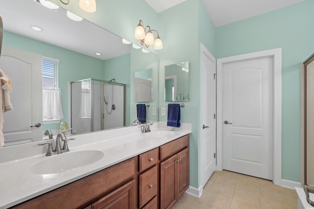 1433 Beaumont Way, Myrtle Beach, SC 29577 - bathroom with a stall shower, double vanity, tile patterned flooring, and baseboards