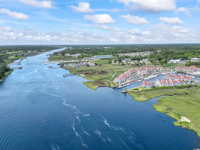 bird's eye view with a water view
