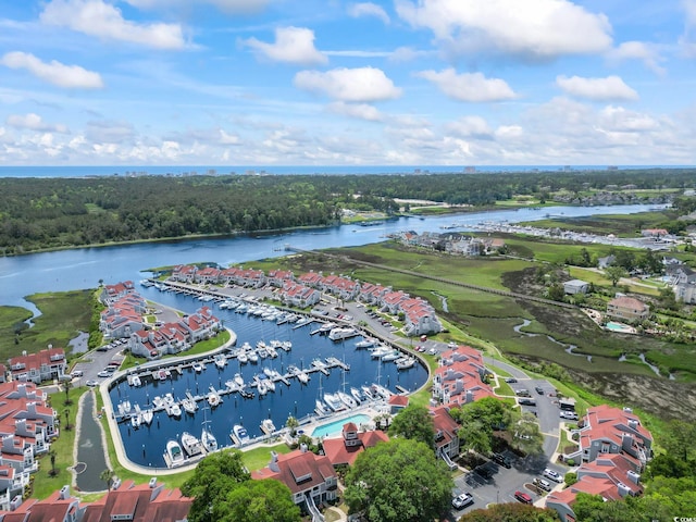 bird's eye view with a water view