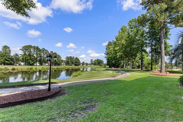 view of property's community with a water view and a yard