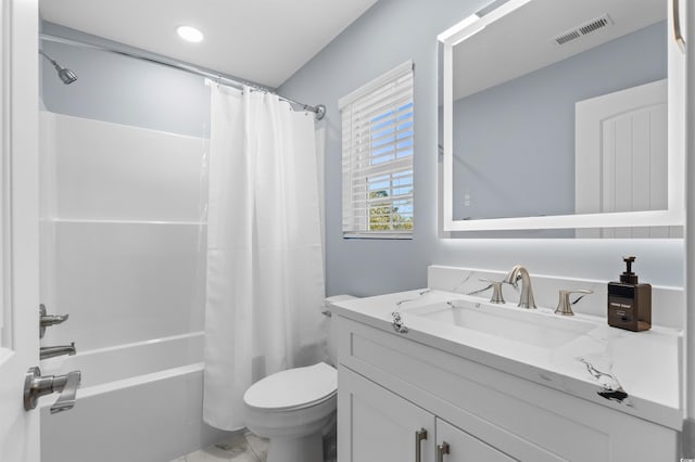 full bath with vanity, shower / tub combo with curtain, toilet, marble finish floor, and visible vents