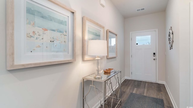 doorway to outside featuring dark wood-type flooring