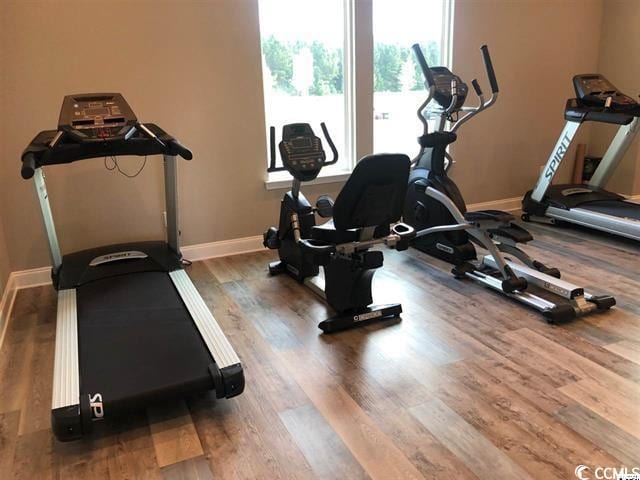 exercise room with wood-type flooring