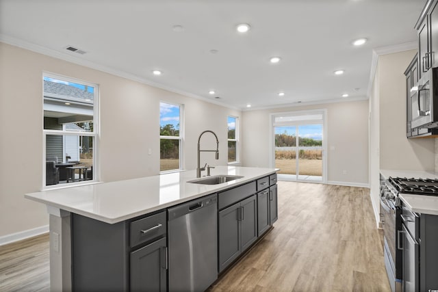 kitchen featuring sink, ornamental molding, light wood-type flooring, an island with sink, and stainless steel appliances