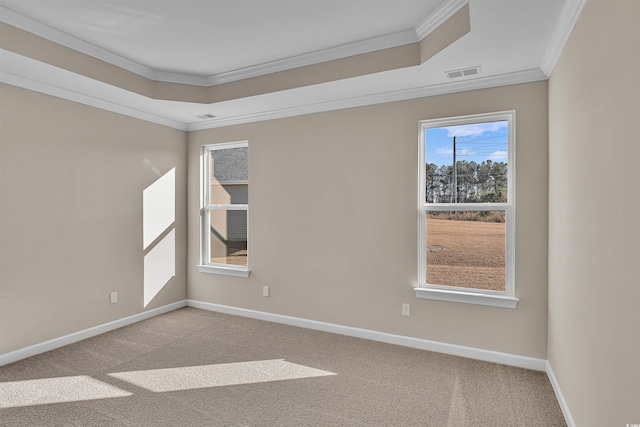 carpeted empty room with a tray ceiling and crown molding