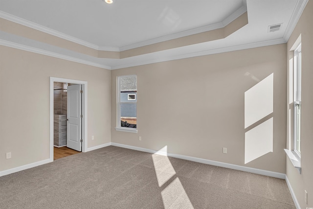 empty room featuring carpet flooring, ornamental molding, and a tray ceiling