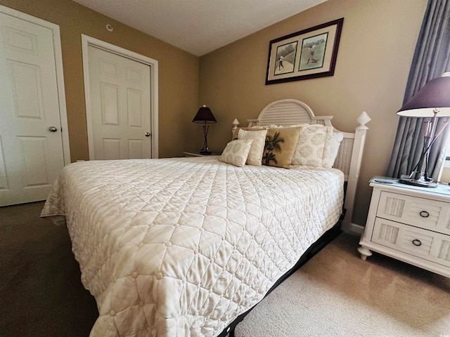 bedroom with dark colored carpet