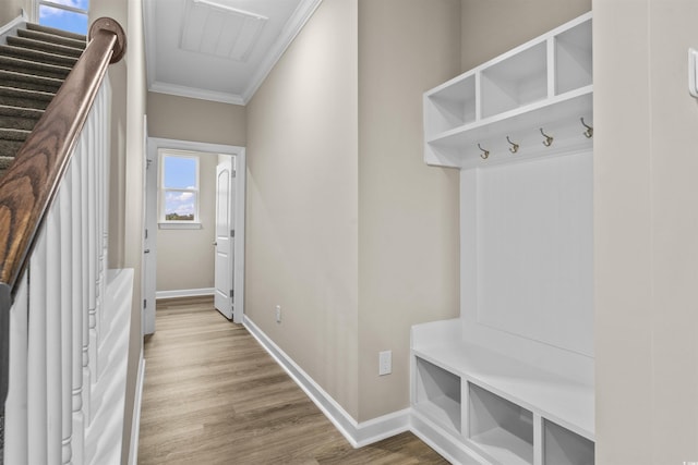 mudroom with wood-type flooring, ornamental molding, and a healthy amount of sunlight
