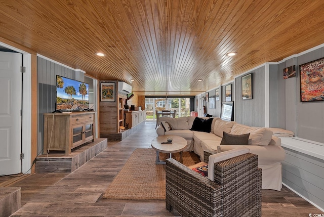 living room with dark hardwood / wood-style flooring, wood ceiling, and a wall mounted air conditioner