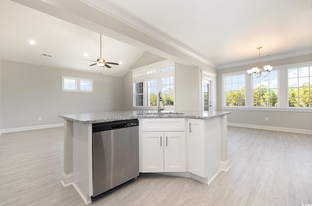 kitchen featuring white cabinets, stainless steel dishwasher, a wealth of natural light, and sink