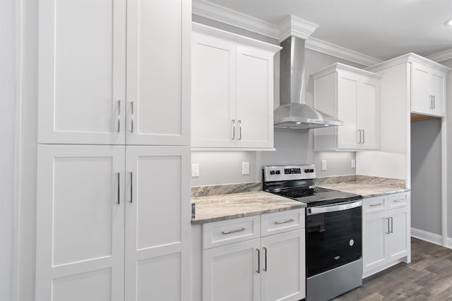 kitchen featuring white cabinets, stainless steel electric range, and crown molding