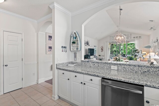 kitchen with light stone countertops, dishwasher, light tile patterned floors, a notable chandelier, and white cabinets