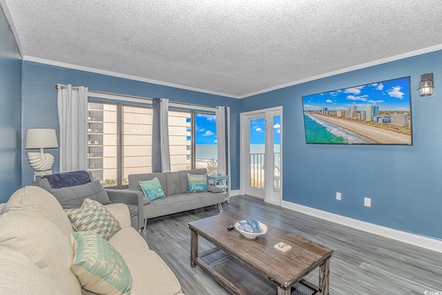 living room with crown molding, hardwood / wood-style floors, and a textured ceiling