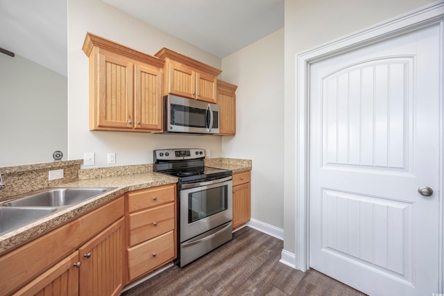 kitchen featuring light brown cabinetry, stainless steel appliances, dark hardwood / wood-style floors, and sink