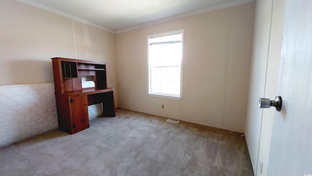 unfurnished office featuring crown molding and light colored carpet