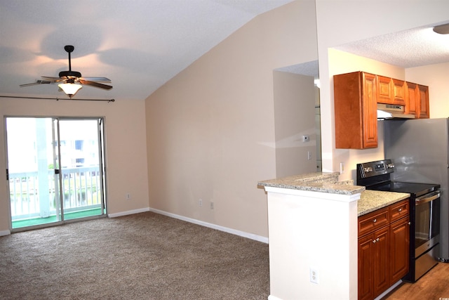 kitchen with light carpet, light stone counters, ceiling fan, and stainless steel range with electric cooktop