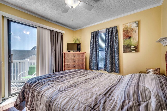 bedroom featuring ceiling fan, crown molding, a textured ceiling, and access to outside