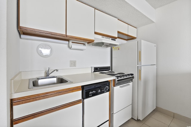 kitchen with white cabinetry, sink, extractor fan, white appliances, and light tile patterned flooring