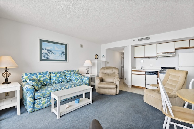 living room featuring sink, light colored carpet, and a textured ceiling