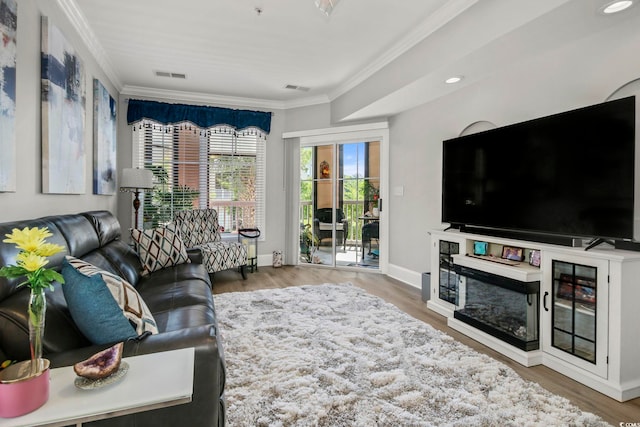 living room featuring wood-type flooring and ornamental molding