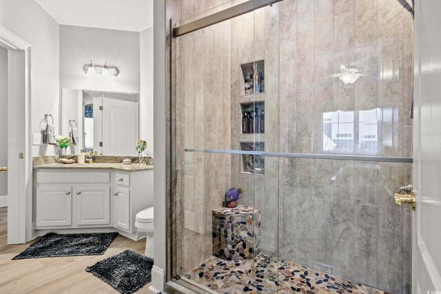 bathroom with hardwood / wood-style flooring, vanity, toilet, and a shower with door