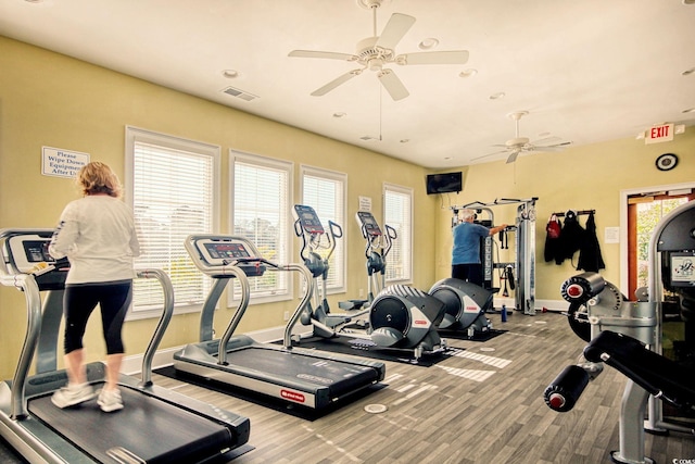 workout area with plenty of natural light and ceiling fan